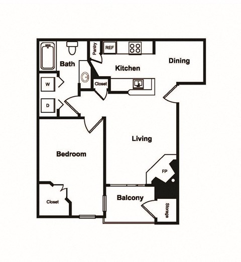 Floor plan for 1 bed, 1 bath, 658 sqft
